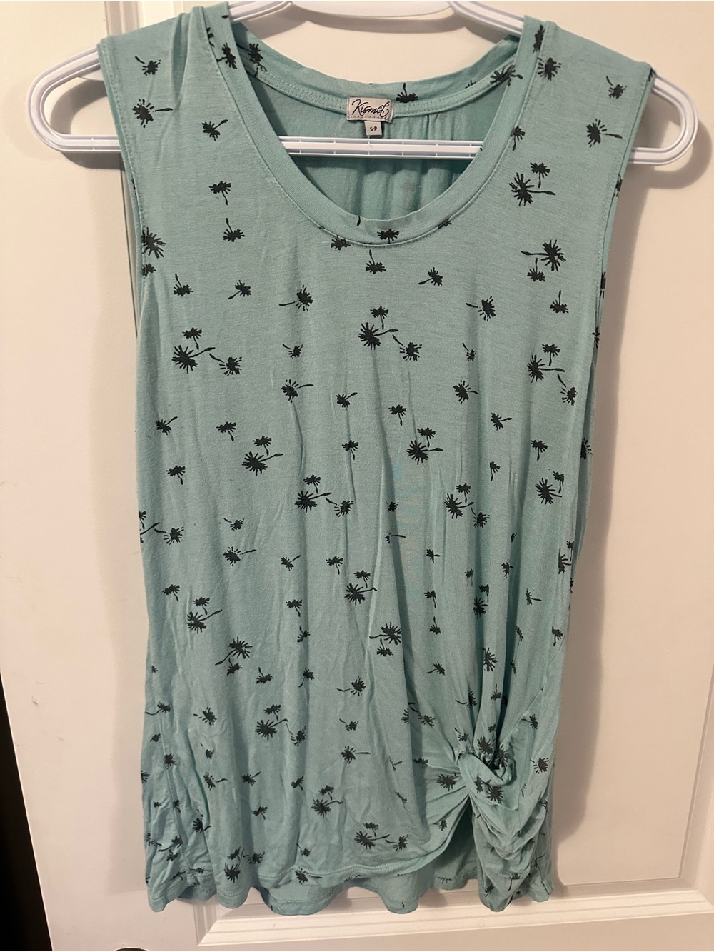 Kismet Mint Green Tank with Black Floral Print and Side Knot
